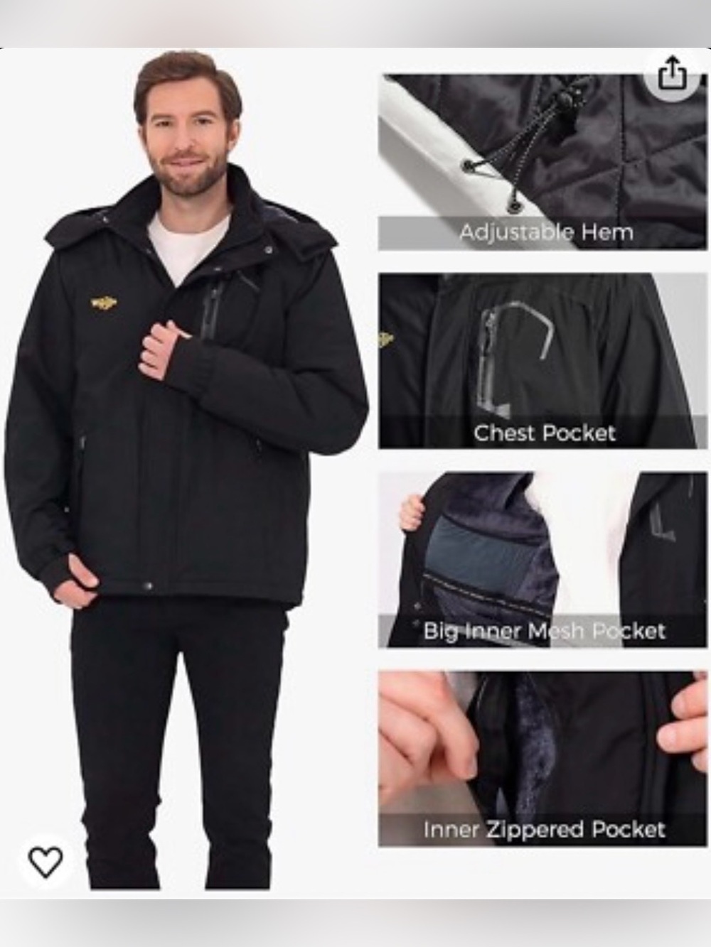 Wantdo Men’s Mountain Ski Boarding Wind Waterproof Hooded Jacket Black Size 5XL
